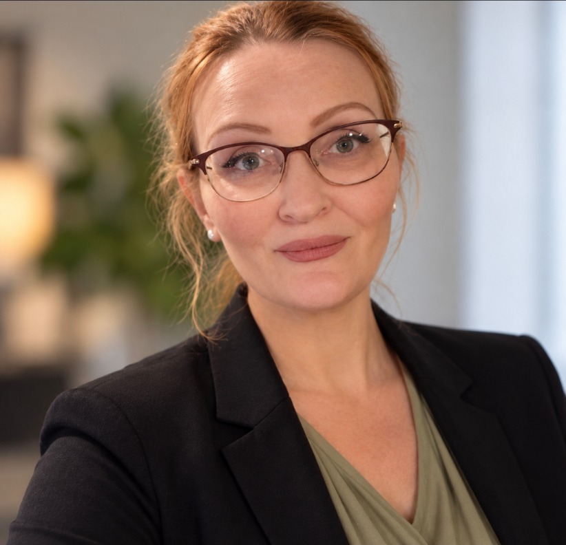 Bea Marshall smiling, wearing a black blazer and glasses